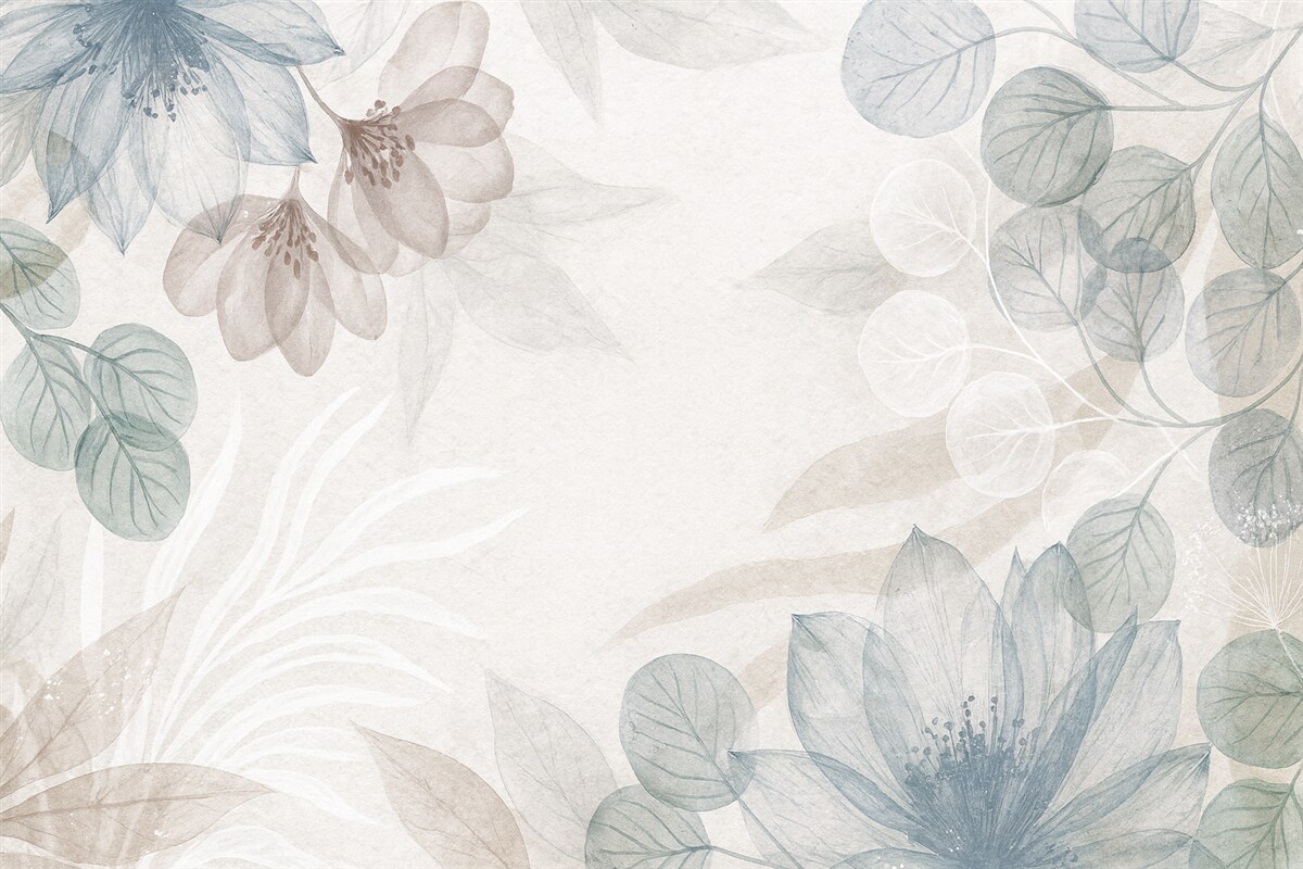 Fototapeta Pastelowy nadruk kwiatowy z przezroczystymi dużymi abstrakcyjnymi roślinami i liśćmi w tonacjach szarości, różu oraz zieleni.