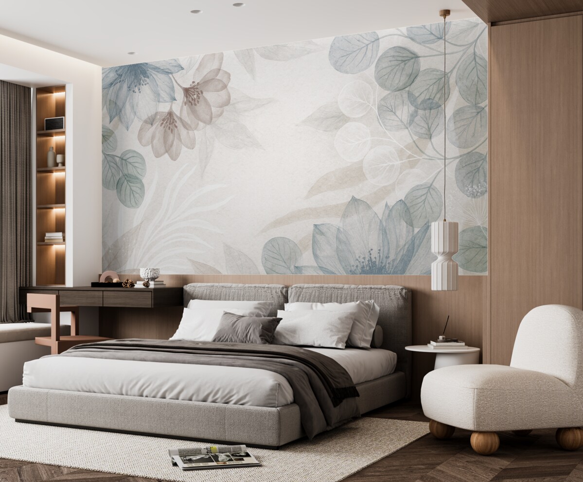 Fototapeta Pastelowy nadruk kwiatowy z przezroczystymi dużymi abstrakcyjnymi roślinami i liśćmi w tonacjach szarości, różu oraz zieleni.