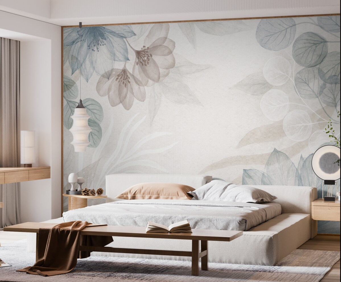 Fototapeta Pastelowy nadruk kwiatowy z przezroczystymi dużymi abstrakcyjnymi roślinami i liśćmi w tonacjach szarości, różu oraz zieleni.