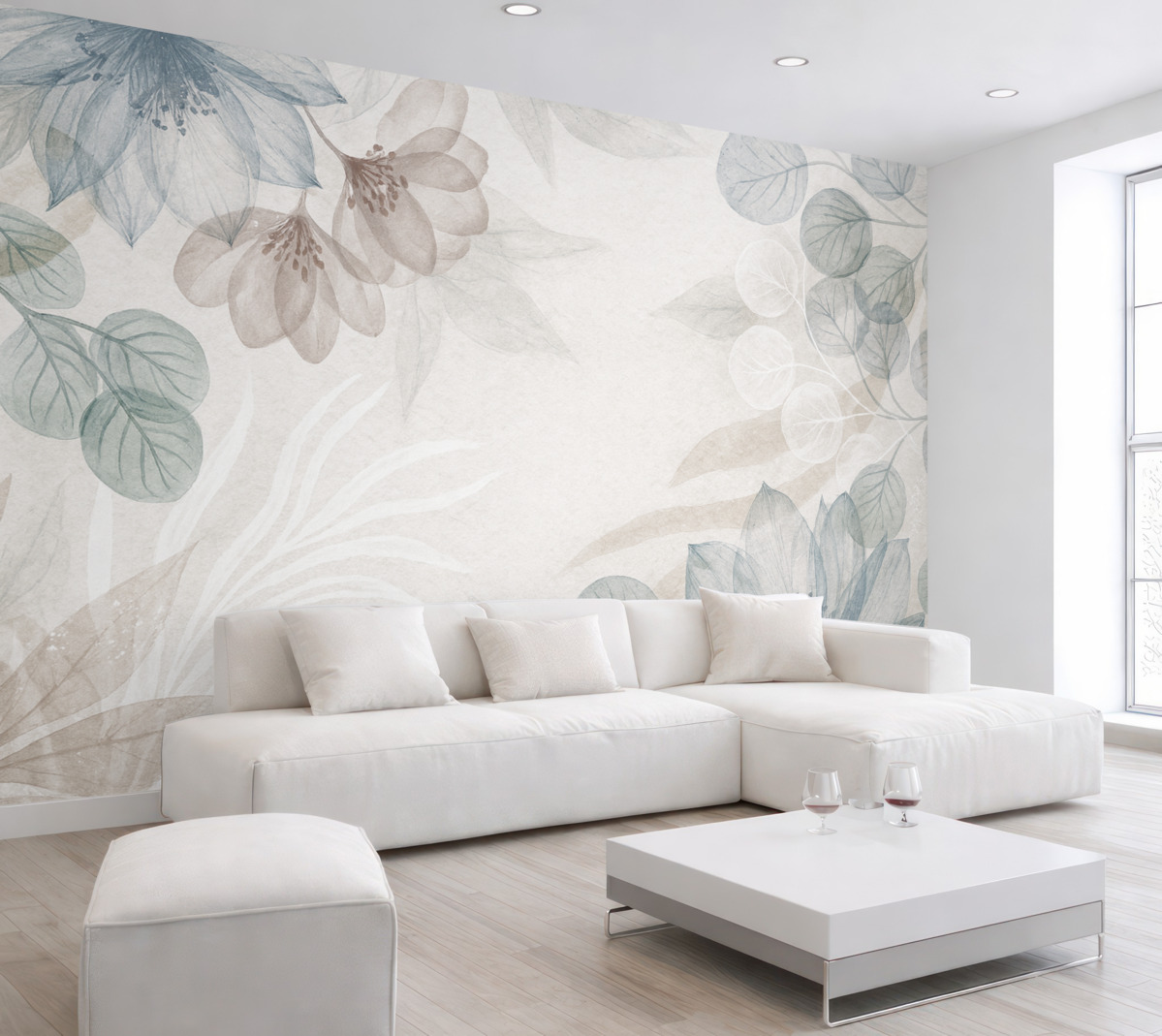 Fototapeta Pastelowy nadruk kwiatowy z przezroczystymi dużymi abstrakcyjnymi roślinami i liśćmi w tonacjach szarości, różu oraz zieleni.
