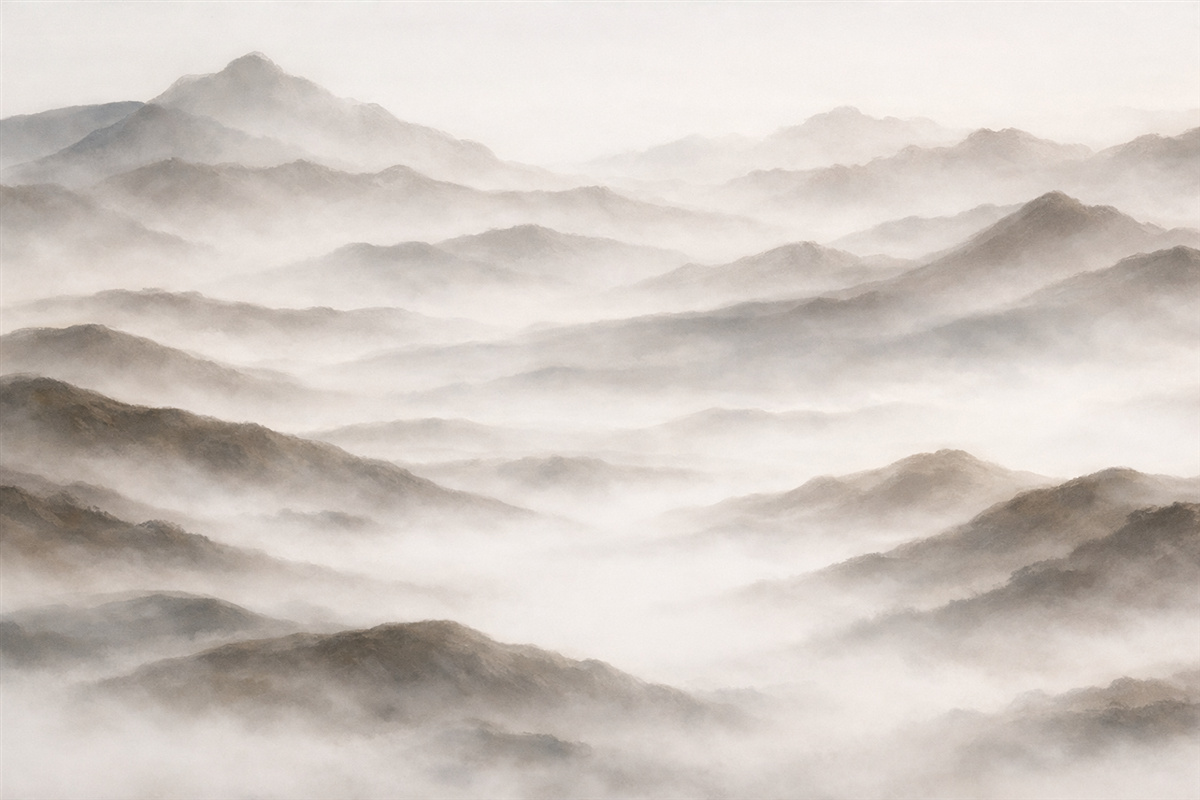 Fototapeta Minimalistyczny górski pejzaż z pofalowanymi wzgórzami i mgłą, tworzący cichy oraz nastrojowy nadruk.