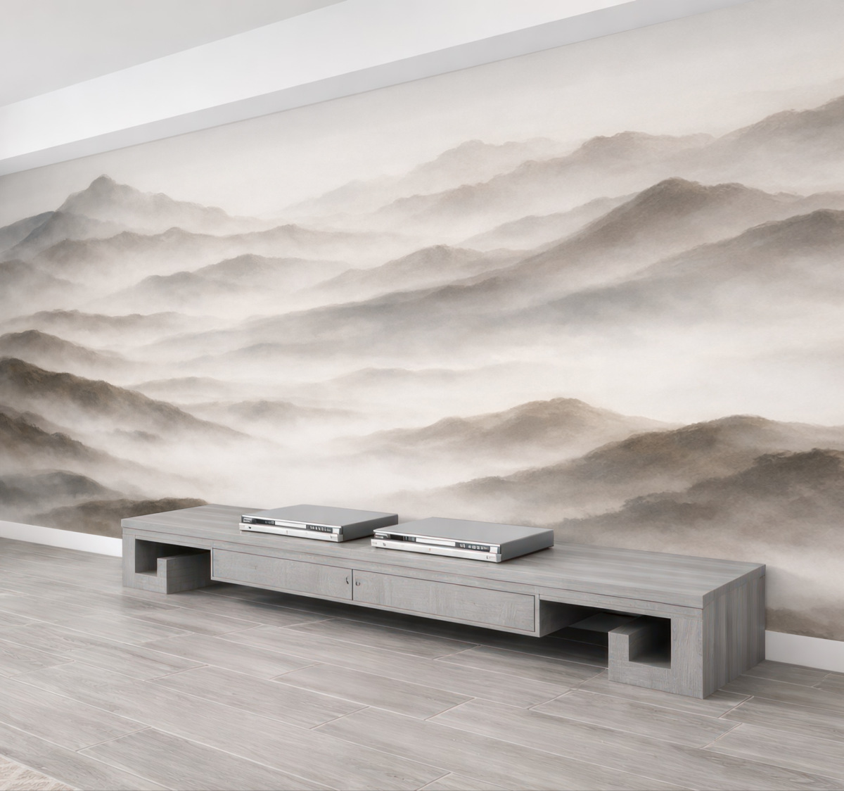 Fototapeta Minimalistyczny górski pejzaż z pofalowanymi wzgórzami i mgłą, tworzący cichy oraz nastrojowy nadruk.