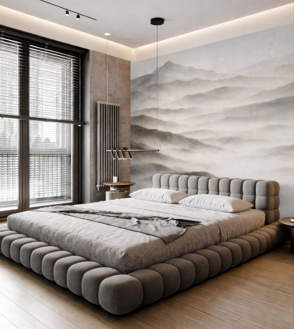 Fototapeta Minimalistyczny górski pejzaż z pofalowanymi wzgórzami i mgłą, tworzący cichy oraz nastrojowy nadruk.