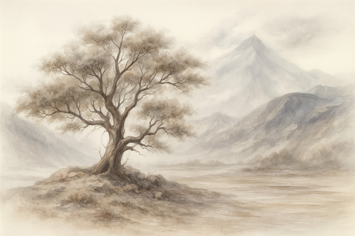 Fototapeta Minimalistyczny szkic pojedynczego, wyginanego drzewa w odosobnionym, kamienistym pejzażu z górami w tle.