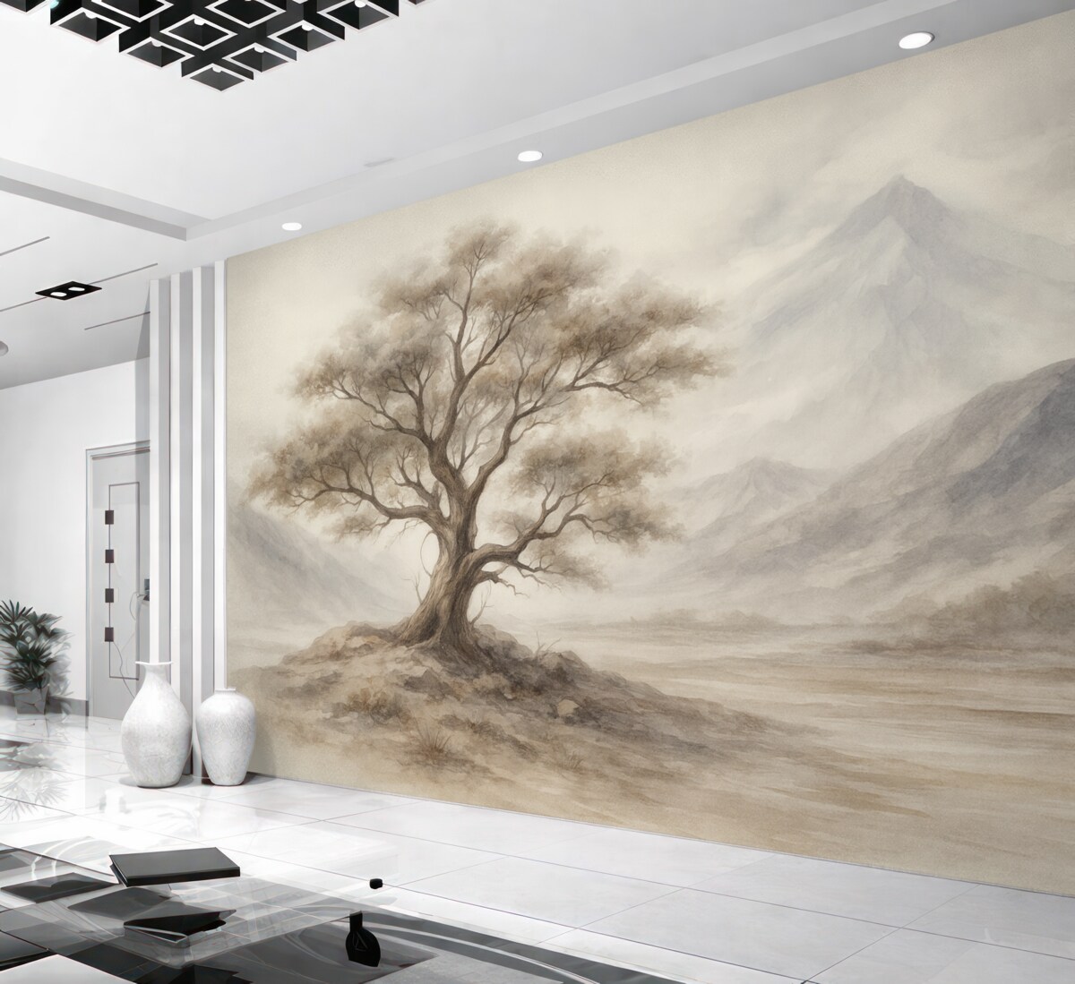 Fototapeta Minimalistyczny szkic pojedynczego, wyginanego drzewa w odosobnionym, kamienistym pejzażu z górami w tle.