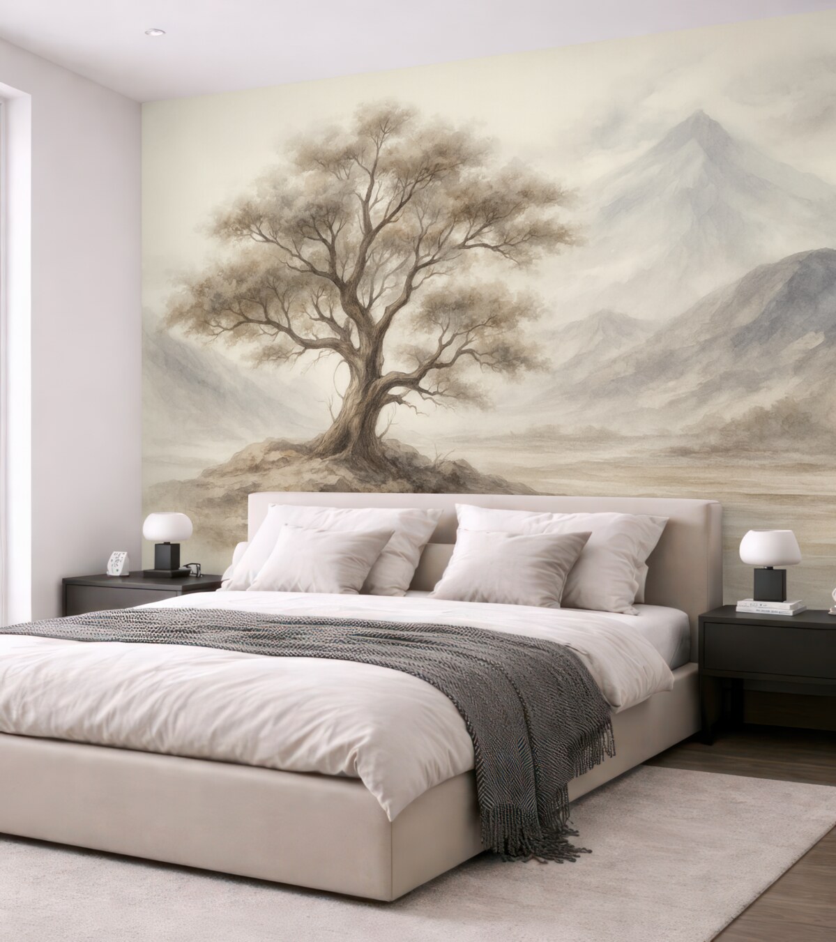 Fototapeta Minimalistyczny szkic pojedynczego, wyginanego drzewa w odosobnionym, kamienistym pejzażu z górami w tle.