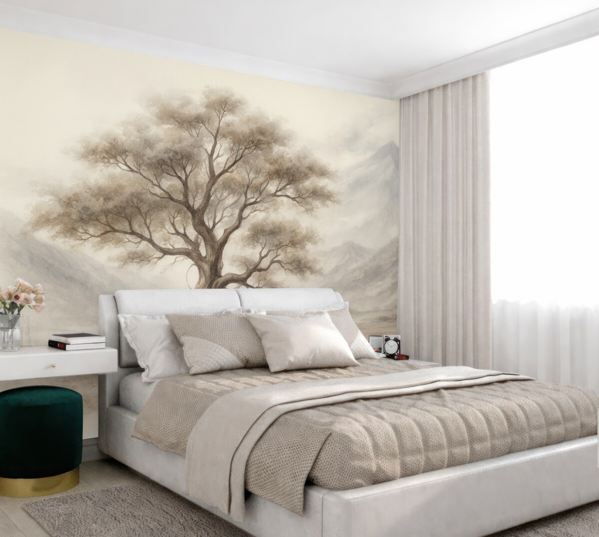 Fototapeta Minimalistyczny szkic pojedynczego, wyginanego drzewa w odosobnionym, kamienistym pejzażu z górami w tle.