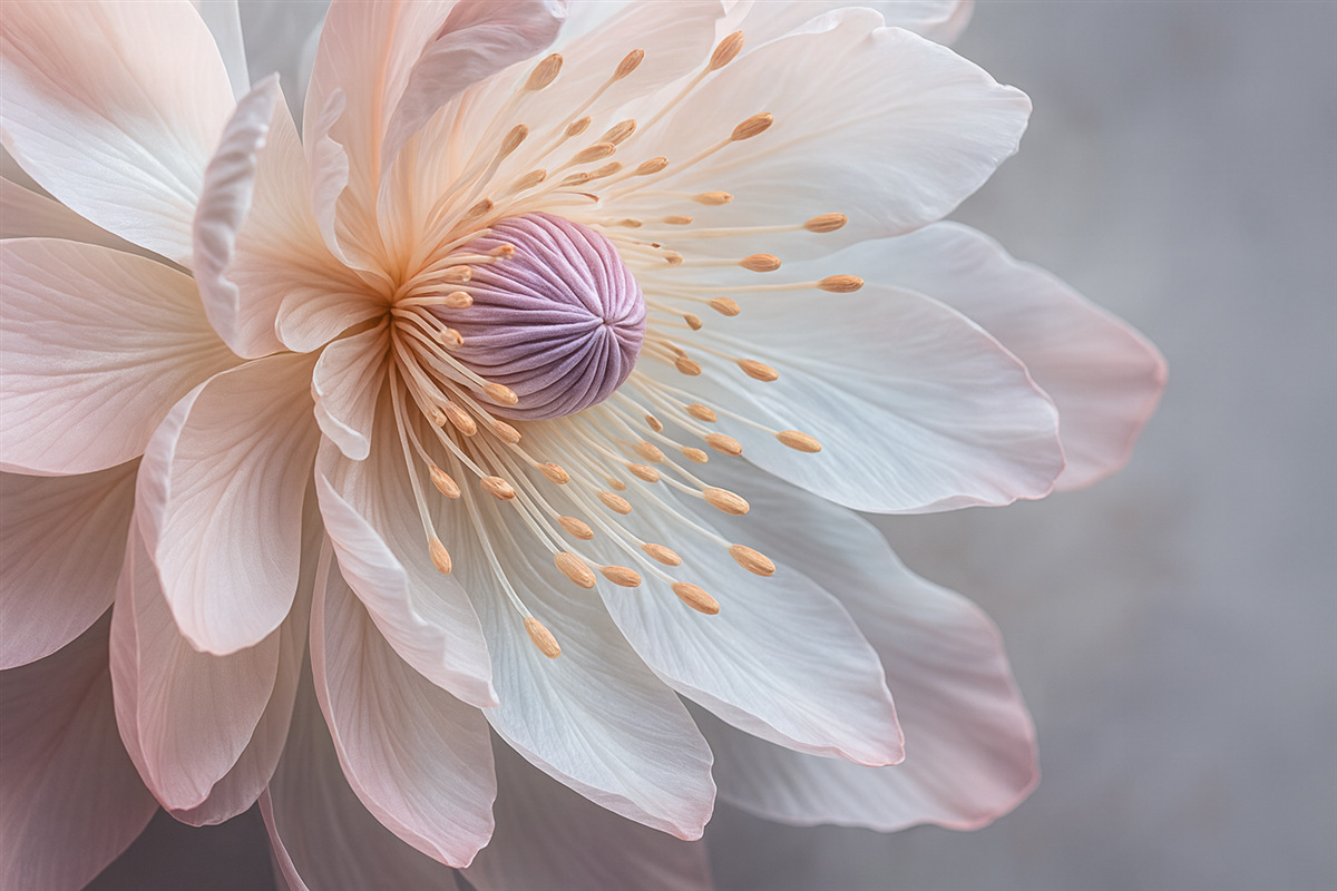 Fototapeta Przybliżenie subtelnego, pastelowego kwiatu z delikatnymi, przezroczystymi płatkami i intensywnym wnętrzem.
