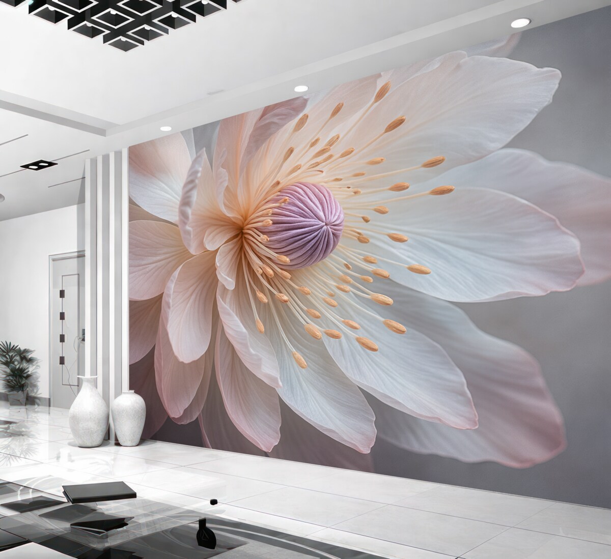 Fototapeta Przybliżenie subtelnego, pastelowego kwiatu z delikatnymi, przezroczystymi płatkami i intensywnym wnętrzem.