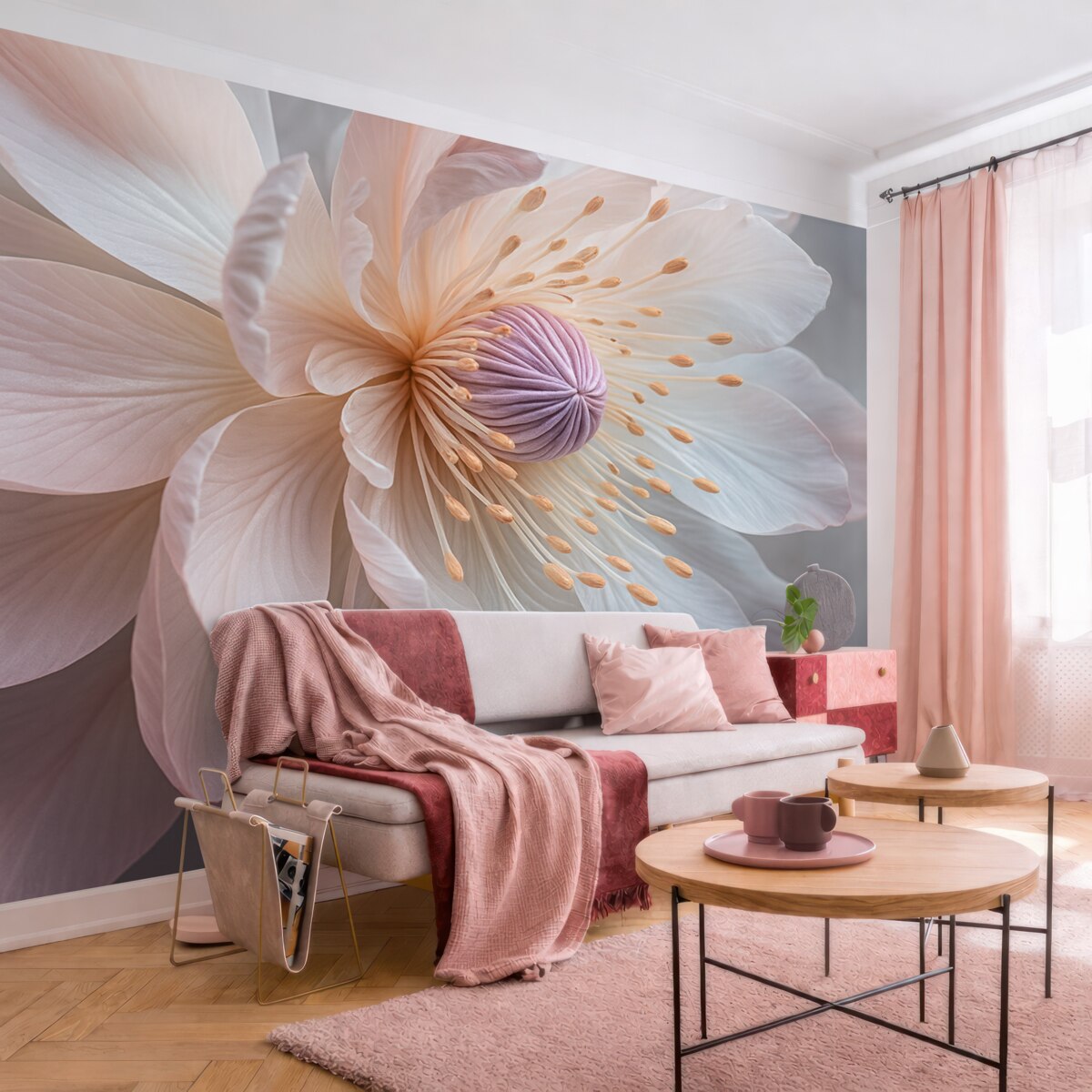 Fototapeta Przybliżenie subtelnego, pastelowego kwiatu z delikatnymi, przezroczystymi płatkami i intensywnym wnętrzem.