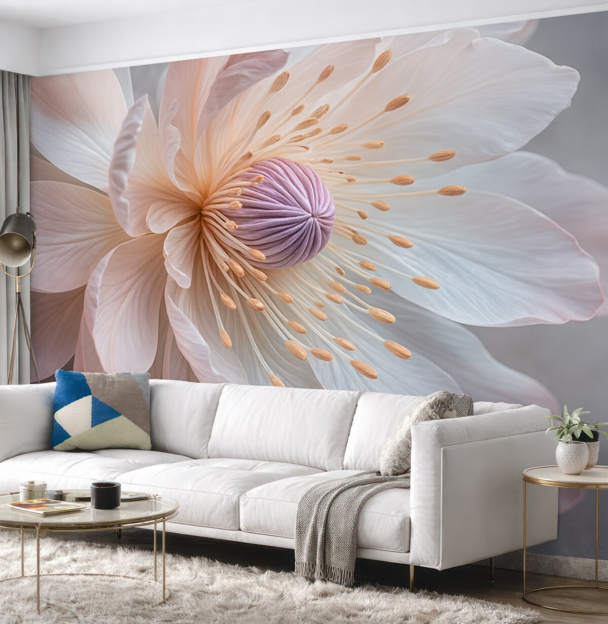 Fototapeta Przybliżenie subtelnego, pastelowego kwiatu z delikatnymi, przezroczystymi płatkami i intensywnym wnętrzem.