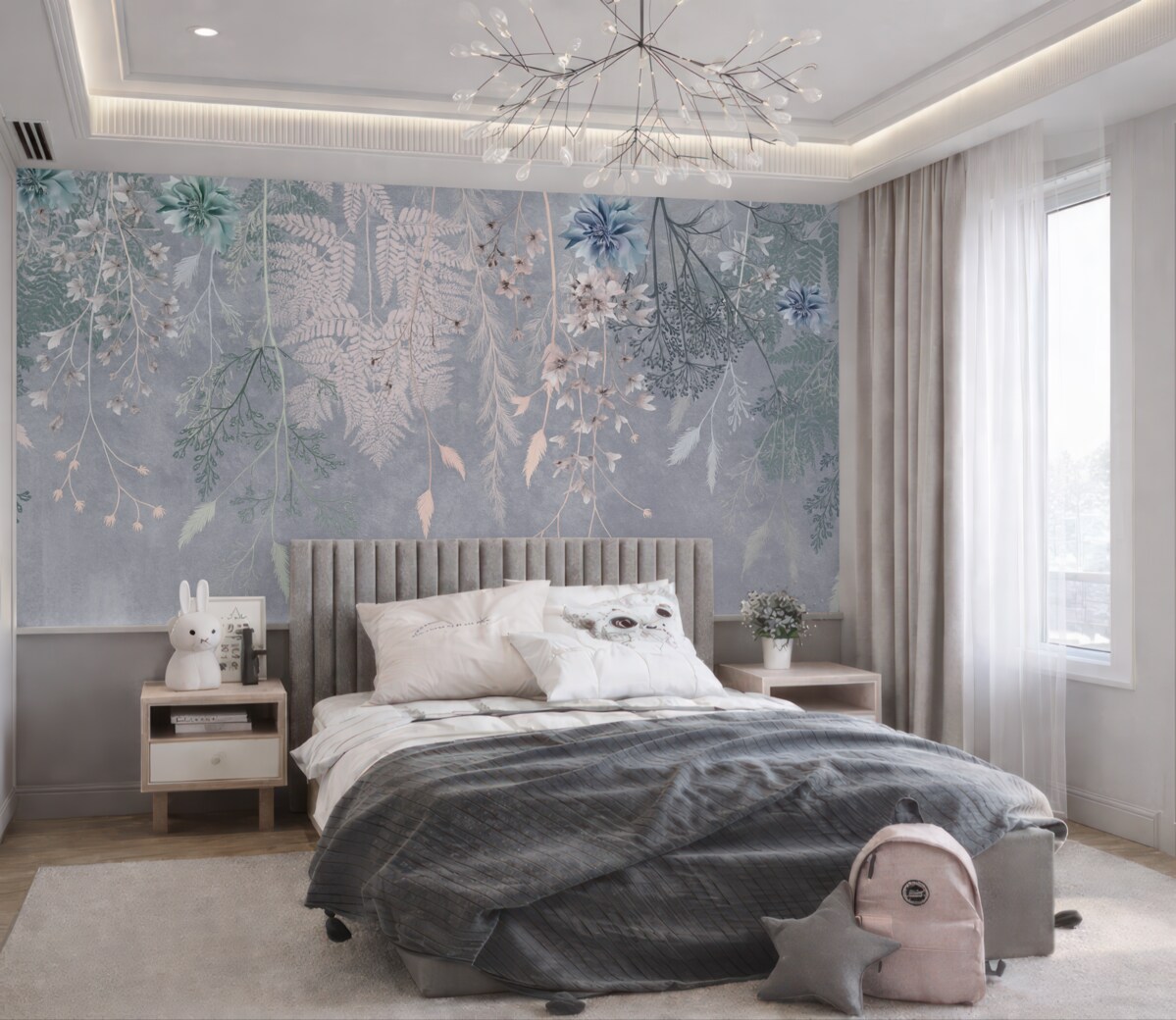 Fototapeta Senne, subtelne rośliny, kłosy i kwiaty w błękitnych pastelowych odcieniach na zamglonym, wzorzystym tle.