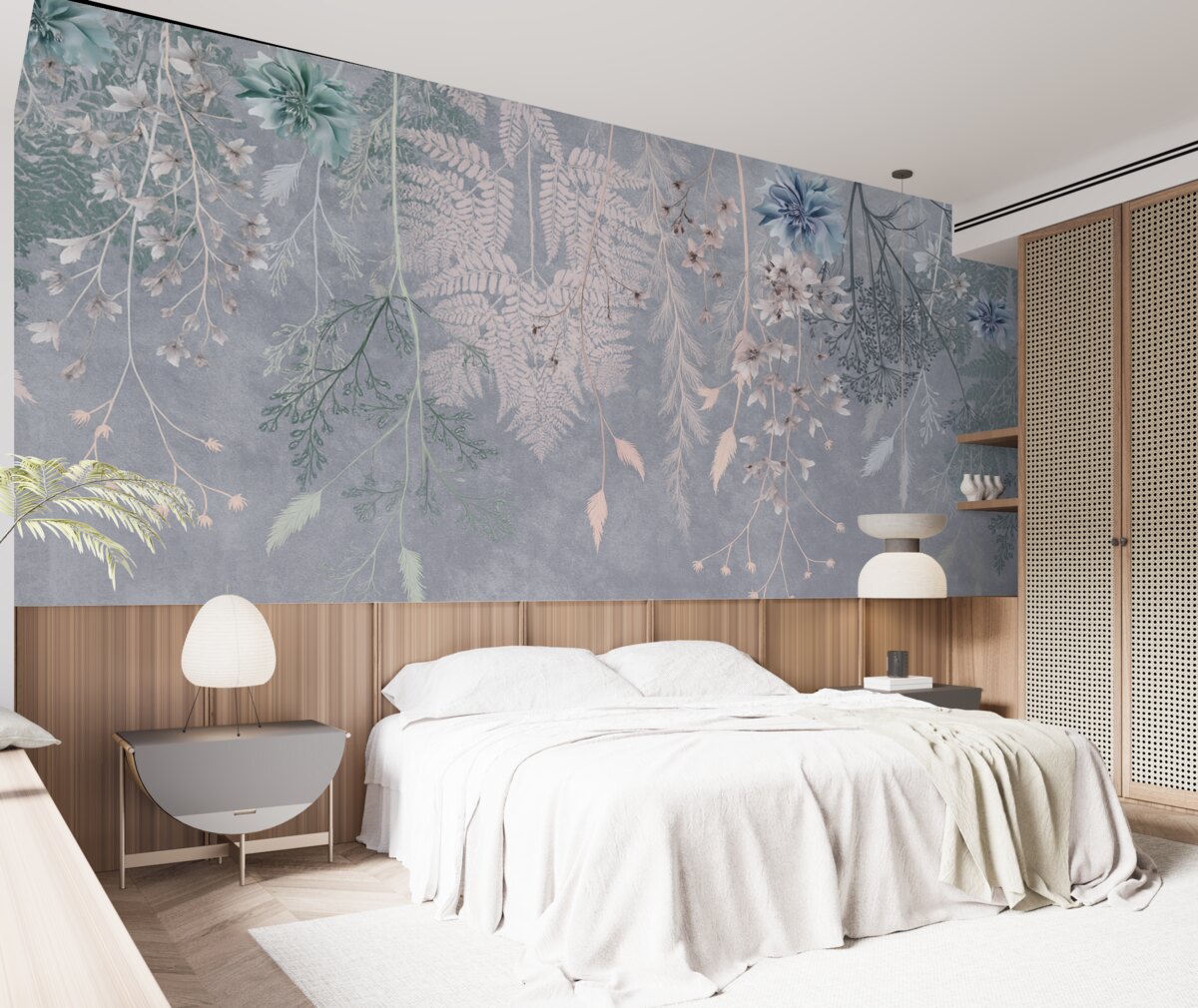 Fototapeta Senne, subtelne rośliny, kłosy i kwiaty w błękitnych pastelowych odcieniach na zamglonym, wzorzystym tle.