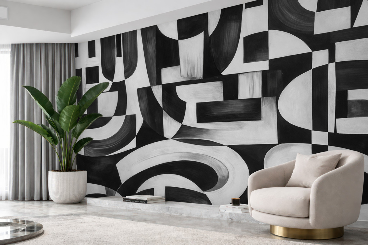 Fototapeta Abstrakcyjne czarno-białe geometryczne formy i motywy, tworzące wizualnie efektowną i dynamiczną aranżację.