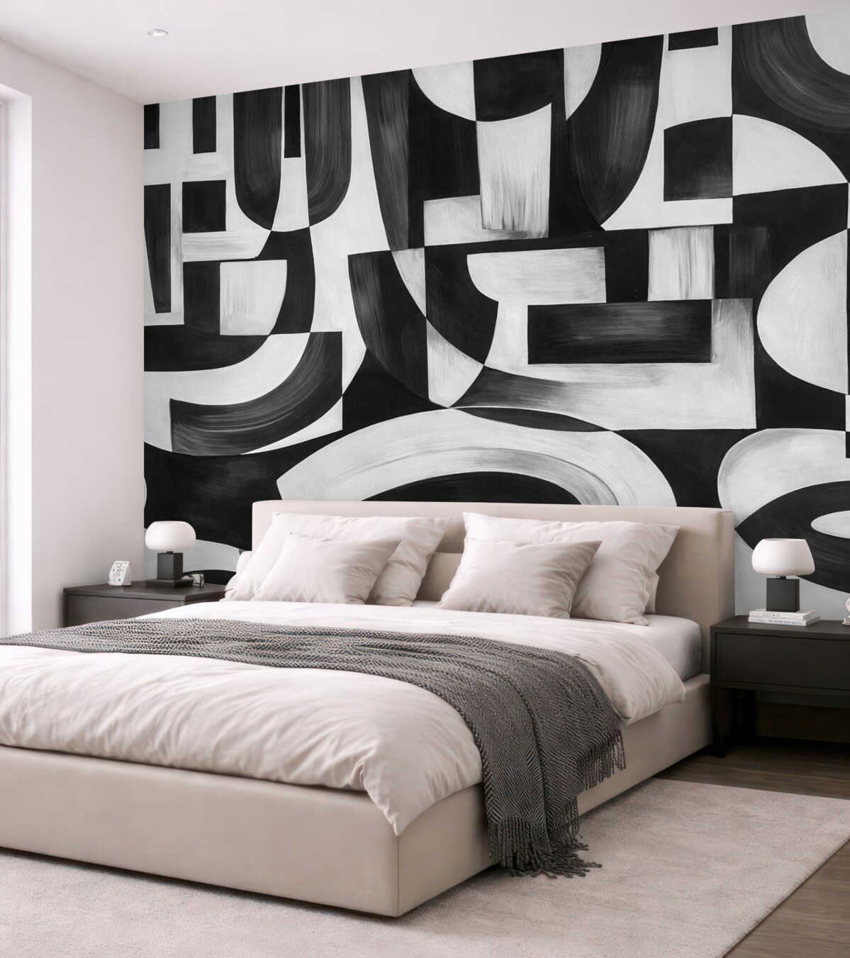 Fototapeta Abstrakcyjne czarno-białe geometryczne formy i motywy, tworzące wizualnie efektowną i dynamiczną aranżację.