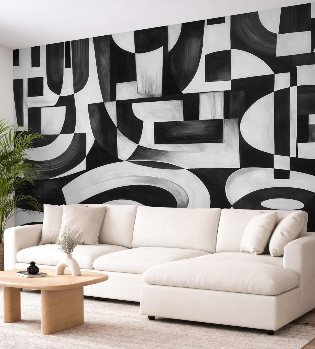 Fototapeta Abstrakcyjne czarno-białe geometryczne formy i motywy, tworzące wizualnie efektowną i dynamiczną aranżację.