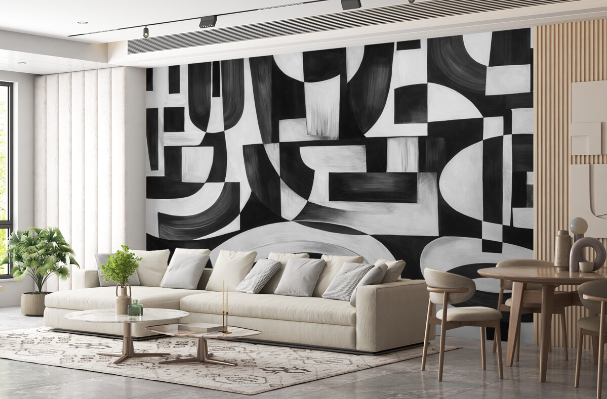 Fototapeta Abstrakcyjne czarno-białe geometryczne formy i motywy, tworzące wizualnie efektowną i dynamiczną aranżację.