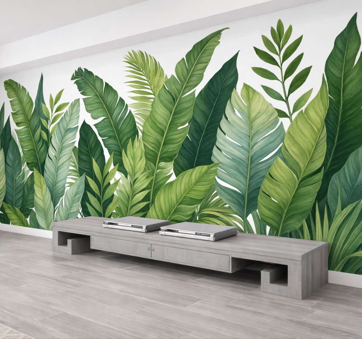 Fototapeta Tropikalne liście z różnorodnymi dużymi zielonymi liśćmi, w tym liśćmi banana, liśćmi palmowymi oraz innymi egzotycznymi rodzajami roślin.