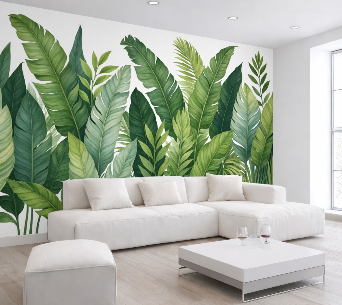 Fototapeta Tropikalne liście z różnorodnymi dużymi zielonymi liśćmi, w tym liśćmi banana, liśćmi palmowymi oraz innymi egzotycznymi rodzajami roślin.