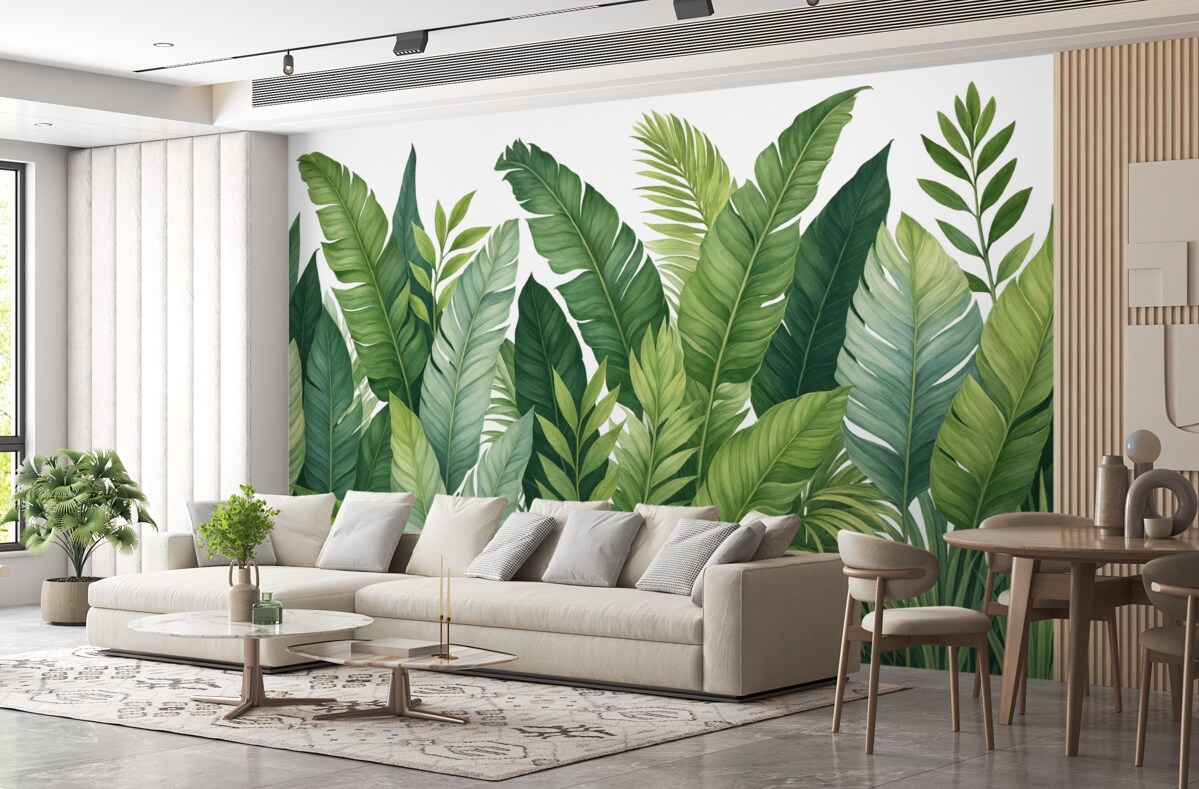 Fototapeta Tropikalne liście z różnorodnymi dużymi zielonymi liśćmi, w tym liśćmi banana, liśćmi palmowymi oraz innymi egzotycznymi rodzajami roślin.