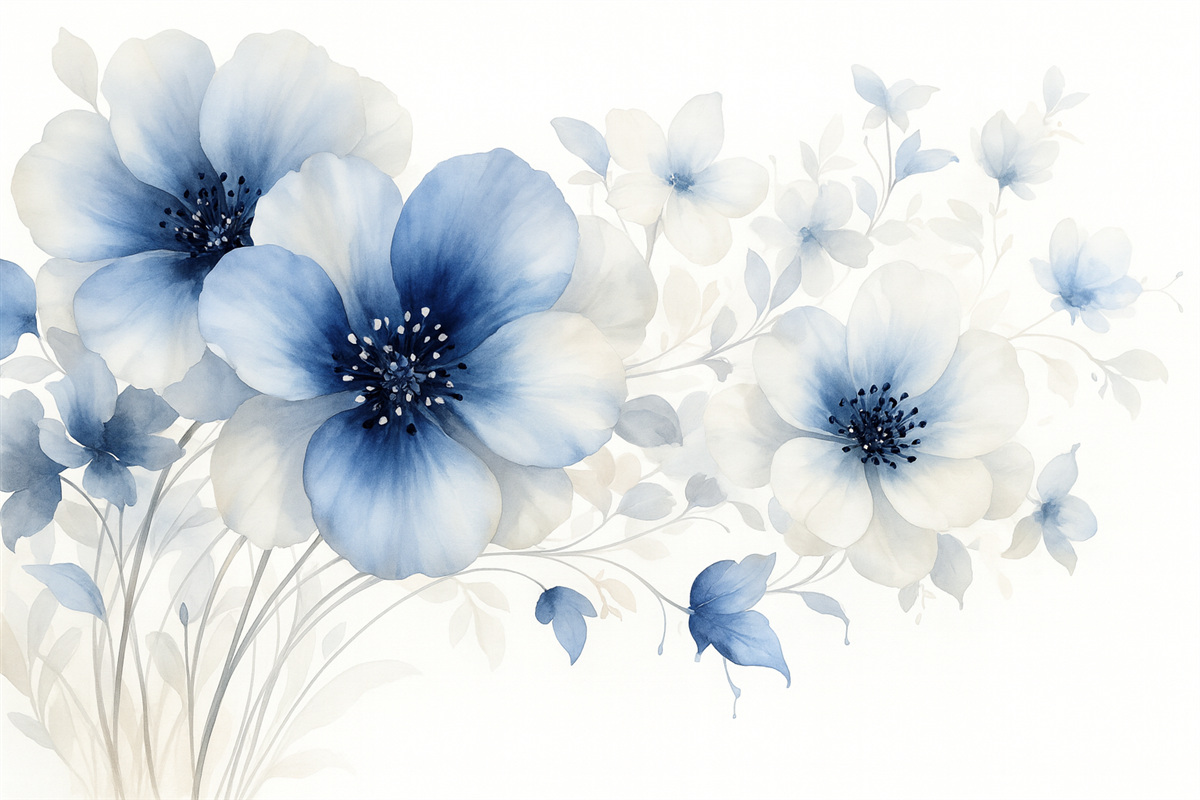 Fototapeta Subtelne akwarelowe błękitne i białe kwiaty z delikatnymi płatkami oraz zniekształconym tłem.