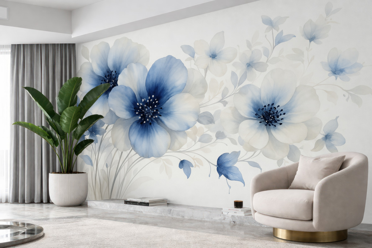 Fototapeta Subtelne akwarelowe błękitne i białe kwiaty z delikatnymi płatkami oraz zniekształconym tłem.