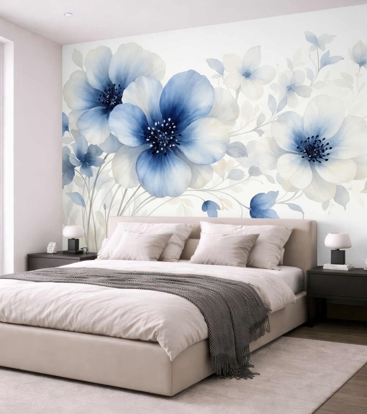 Fototapeta Subtelne akwarelowe błękitne i białe kwiaty z delikatnymi płatkami oraz zniekształconym tłem.