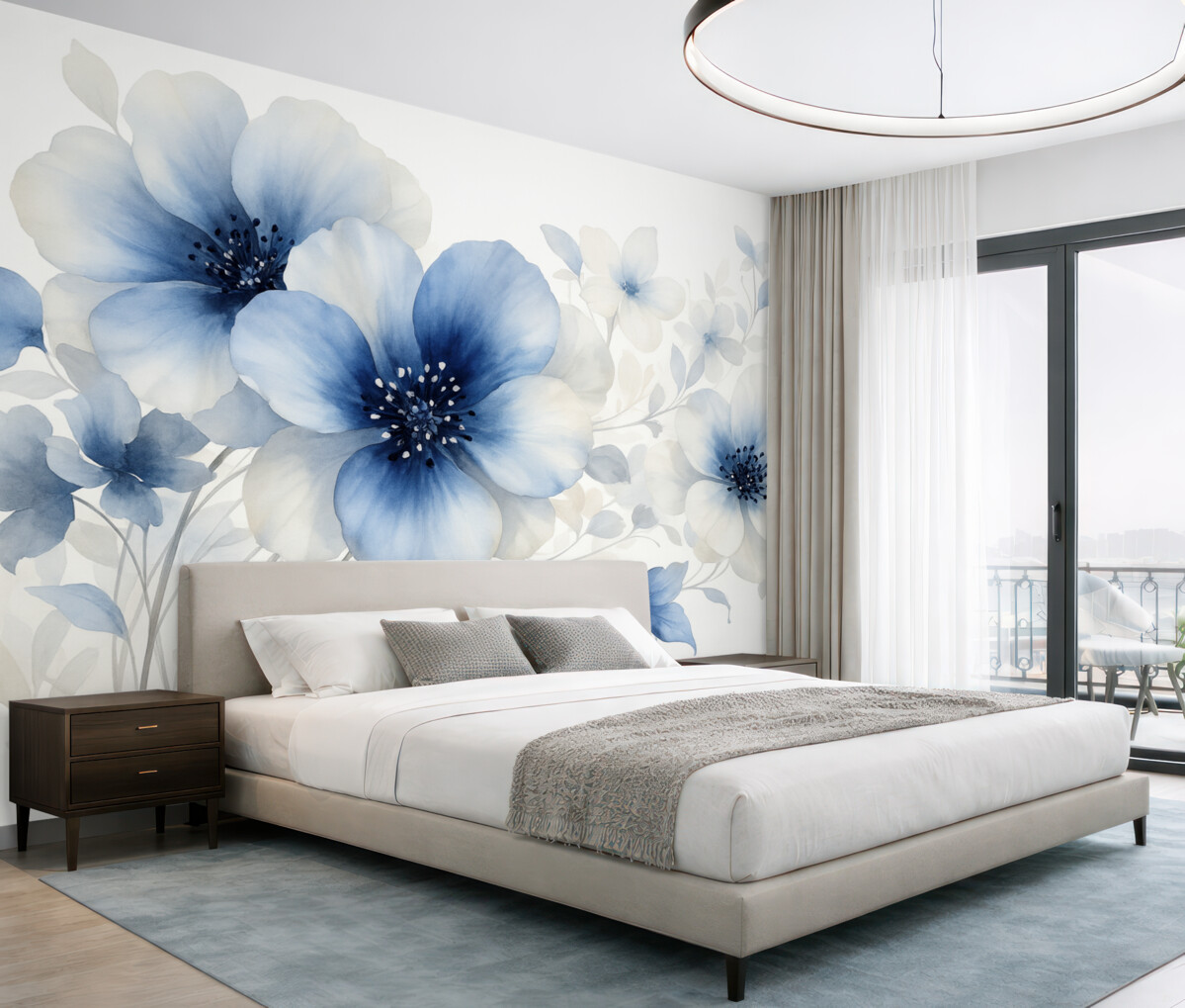 Fototapeta Subtelne akwarelowe błękitne i białe kwiaty z delikatnymi płatkami oraz zniekształconym tłem.