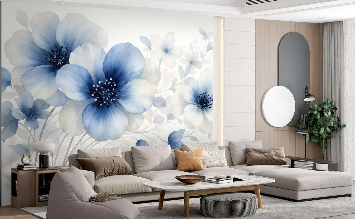 Fototapeta Subtelne akwarelowe błękitne i białe kwiaty z delikatnymi płatkami oraz zniekształconym tłem.