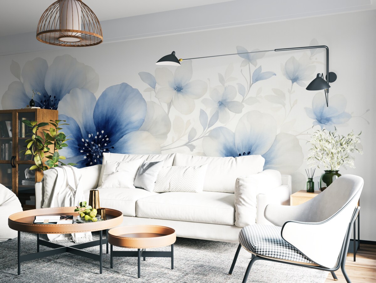 Fototapeta Subtelne akwarelowe błękitne i białe kwiaty z delikatnymi płatkami oraz zniekształconym tłem.