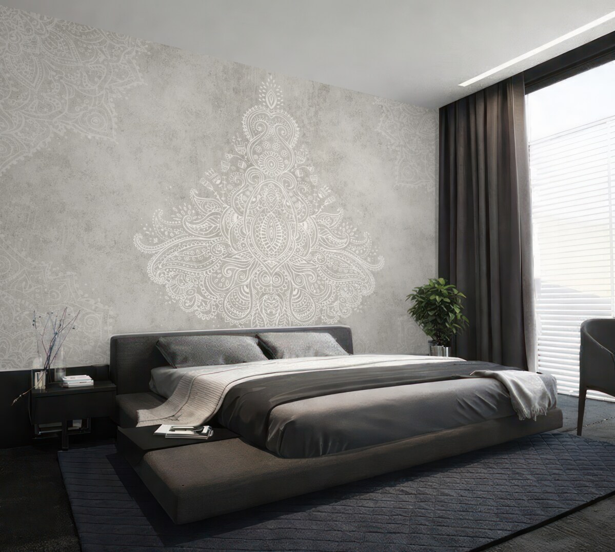 Fototapeta Szczegółowy, skomplikowany nadruk mandali z białej koronkowej tkaniny na jasnobeżowym, abstrakcyjnym tle.