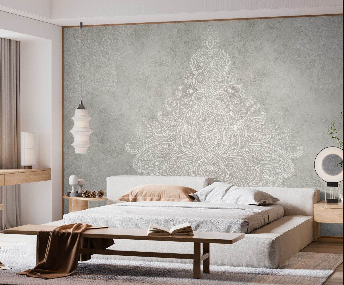 Fototapeta Szczegółowy, skomplikowany nadruk mandali z białej koronkowej tkaniny na jasnobeżowym, abstrakcyjnym tle.