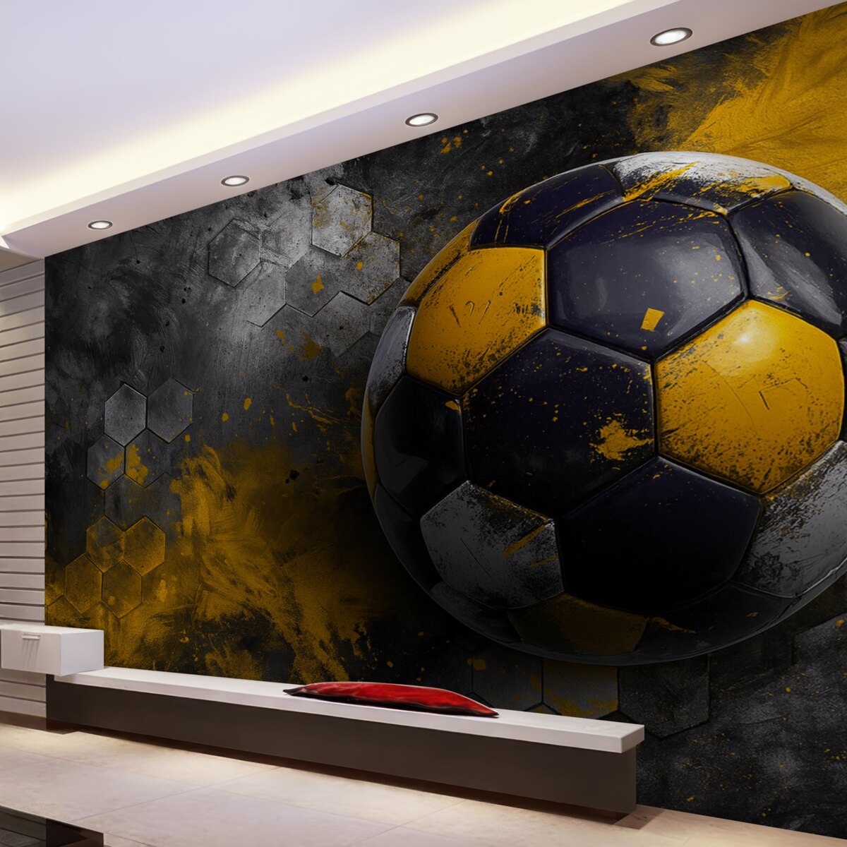 Fototapeta Piłka nożna na tle miodowych plastrów z żółtymi plamami farby.