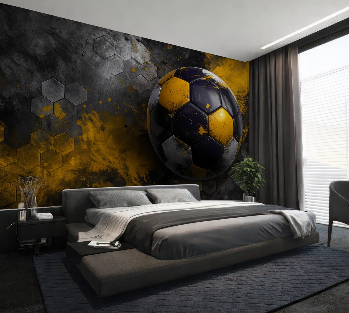 Fototapeta Piłka nożna na tle miodowych plastrów z żółtymi plamami farby.