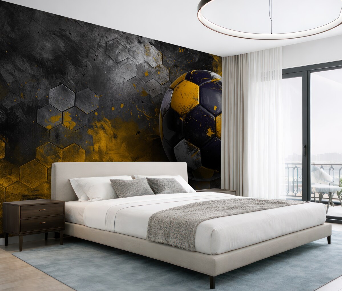 Fototapeta Piłka nożna na tle miodowych plastrów z żółtymi plamami farby.