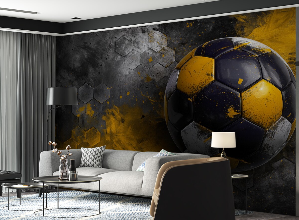 Fototapeta Piłka nożna na tle miodowych plastrów z żółtymi plamami farby.