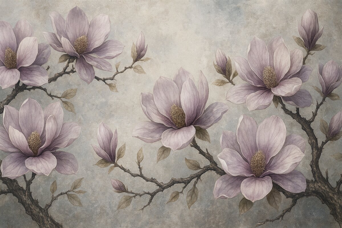 Fototapeta Gałęzie magnolii na szarym tle malowanej akwarelą.