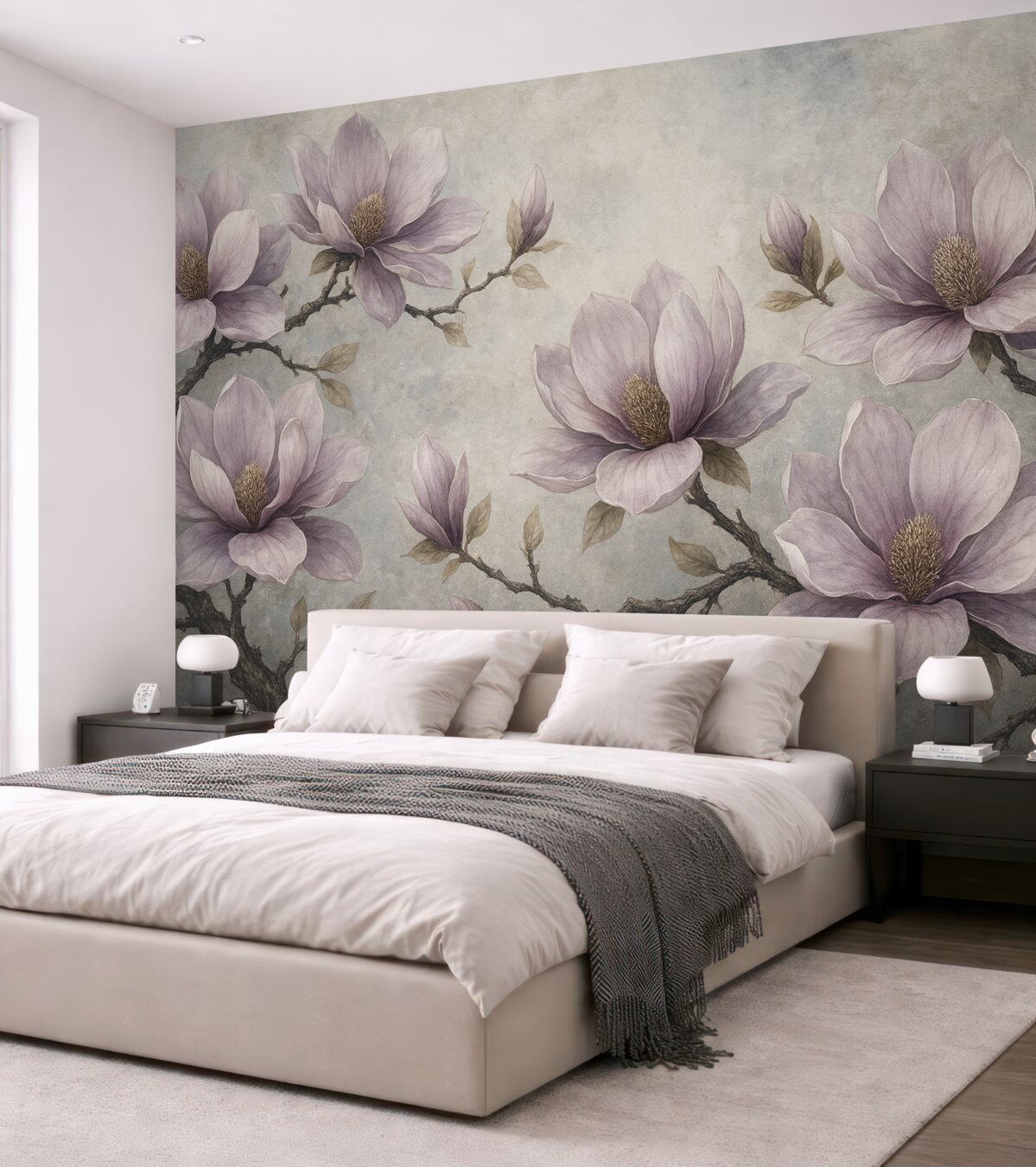 Fototapeta Gałęzie magnolii na szarym tle malowanej akwarelą.