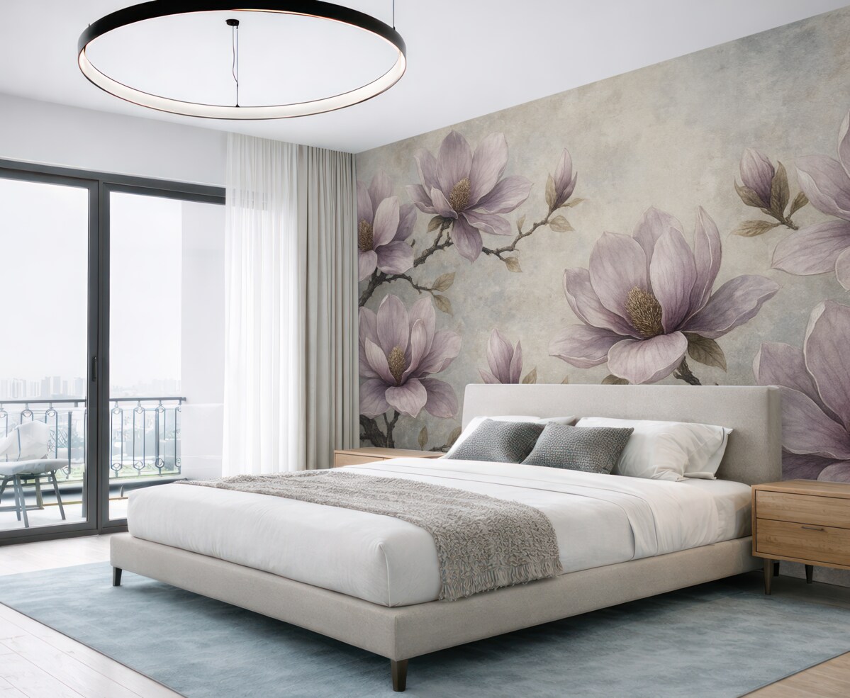 Fototapeta Gałęzie magnolii na szarym tle malowanej akwarelą.