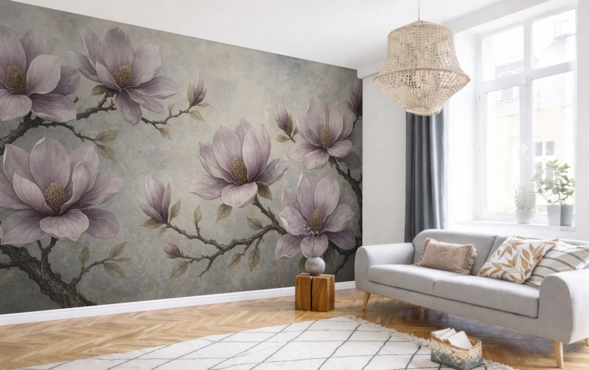 Fototapeta Gałęzie magnolii na szarym tle malowanej akwarelą.