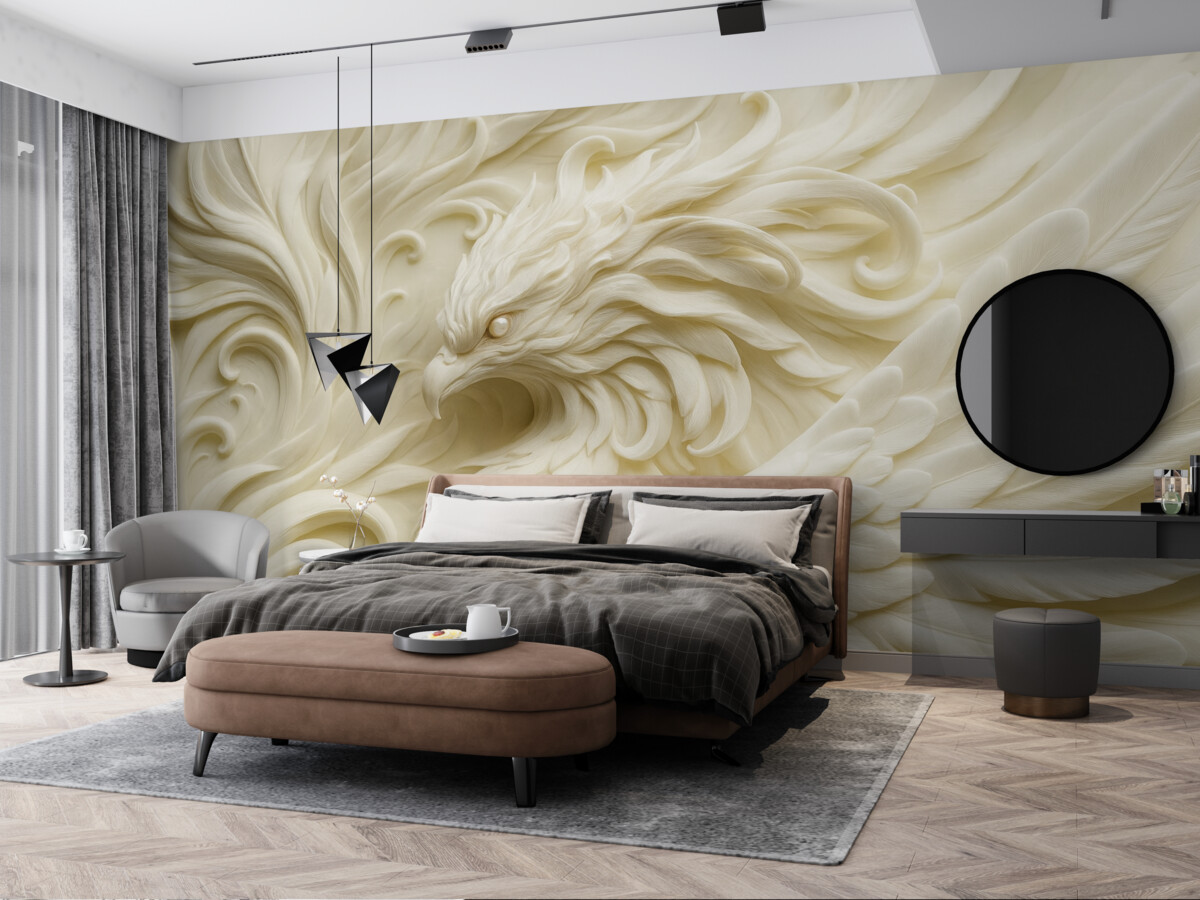 Fototapeta Ptak z długimi piórami w stylu dekoracyjnym w tonacjach beżowych.