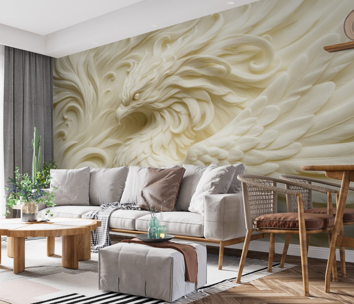 Fototapeta Ptak z długimi piórami w stylu dekoracyjnym w tonacjach beżowych.