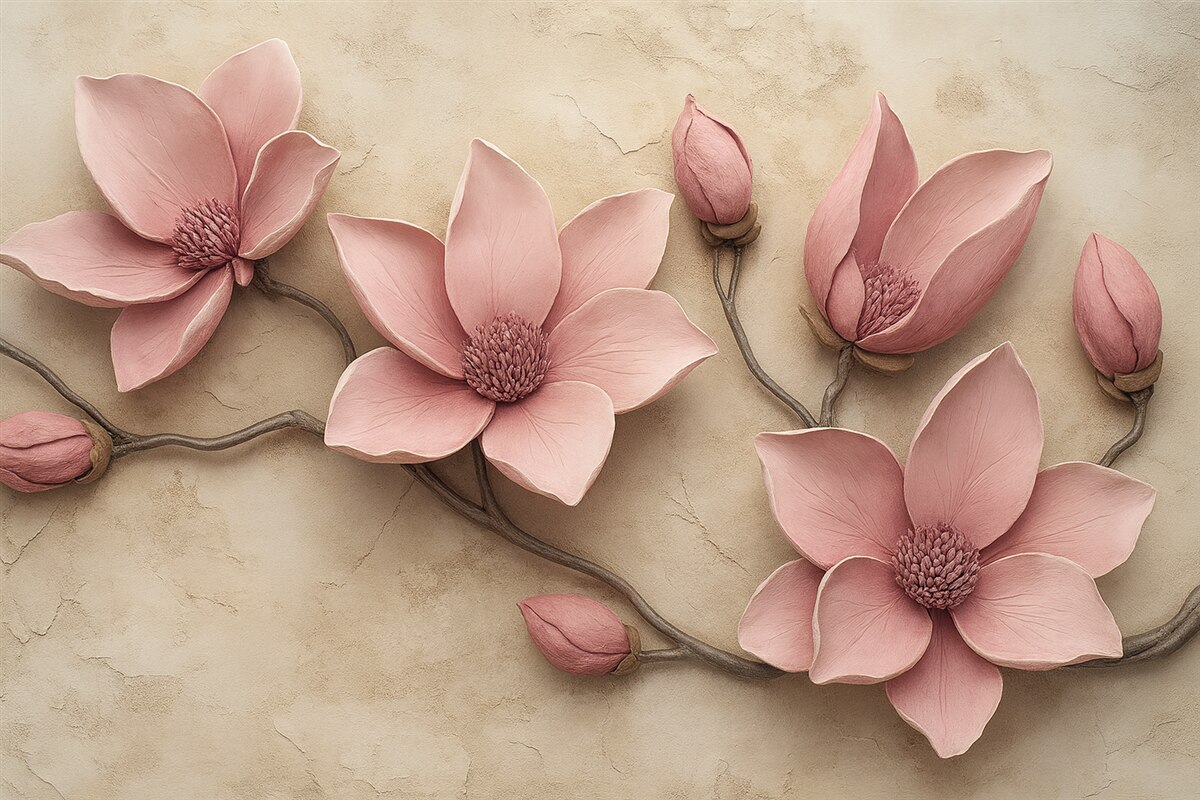 Fototapeta Różowe magnolie w stylu sztukaterii.