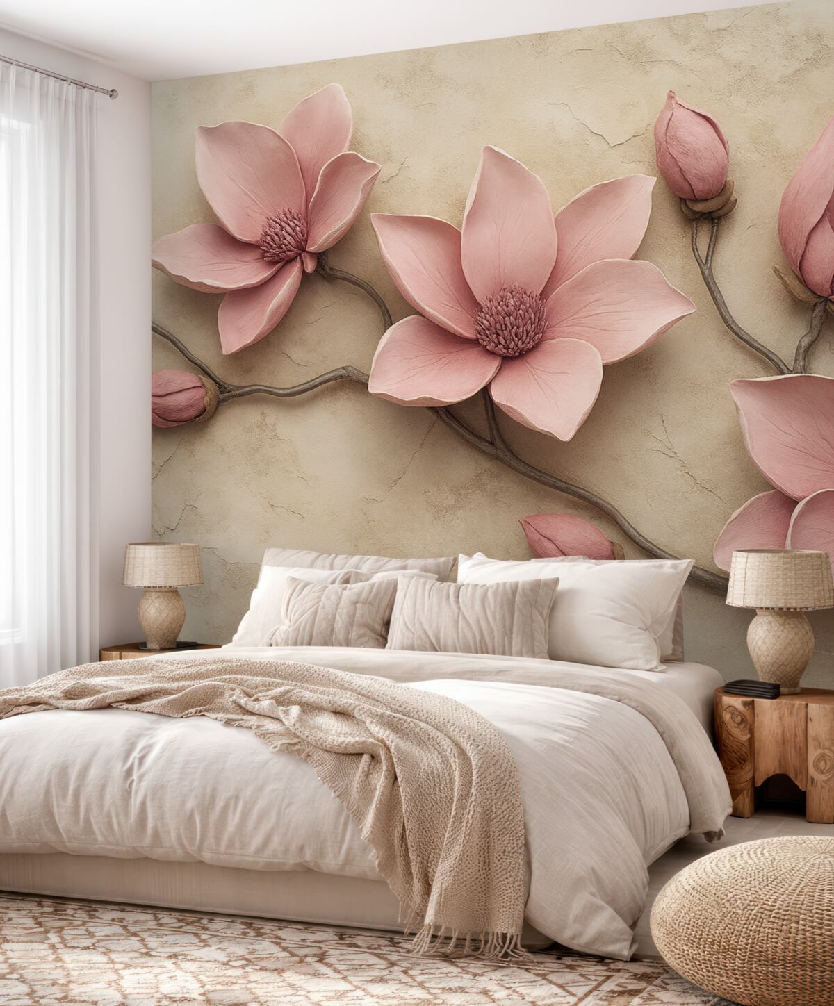 Fototapeta Różowe magnolie w stylu sztukaterii.