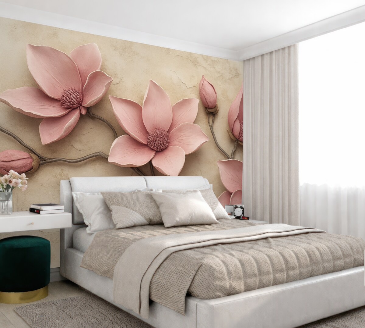 Fototapeta Różowe magnolie w stylu sztukaterii.