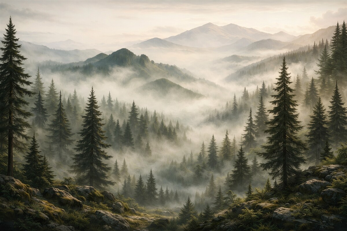 Fototapeta Górski pejzaż z sosnowym lasem i warstwowymi szczytami o poranku z delikatną mgłą akwarela naśladująca sztukę.