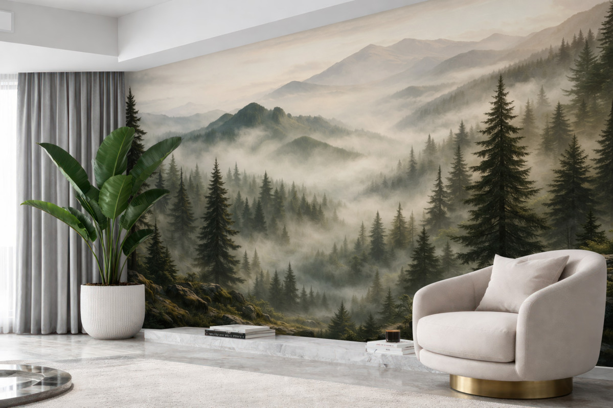 Fototapeta Górski pejzaż z sosnowym lasem i warstwowymi szczytami o poranku z delikatną mgłą akwarela naśladująca sztukę.