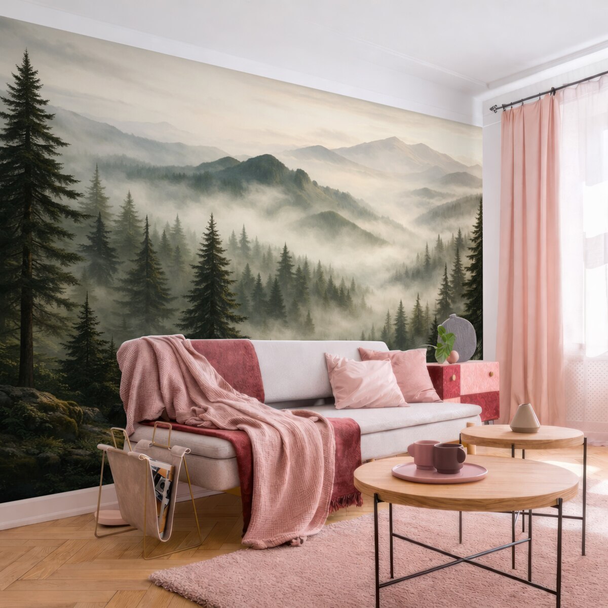 Fototapeta Górski pejzaż z sosnowym lasem i warstwowymi szczytami o poranku z delikatną mgłą akwarela naśladująca sztukę.