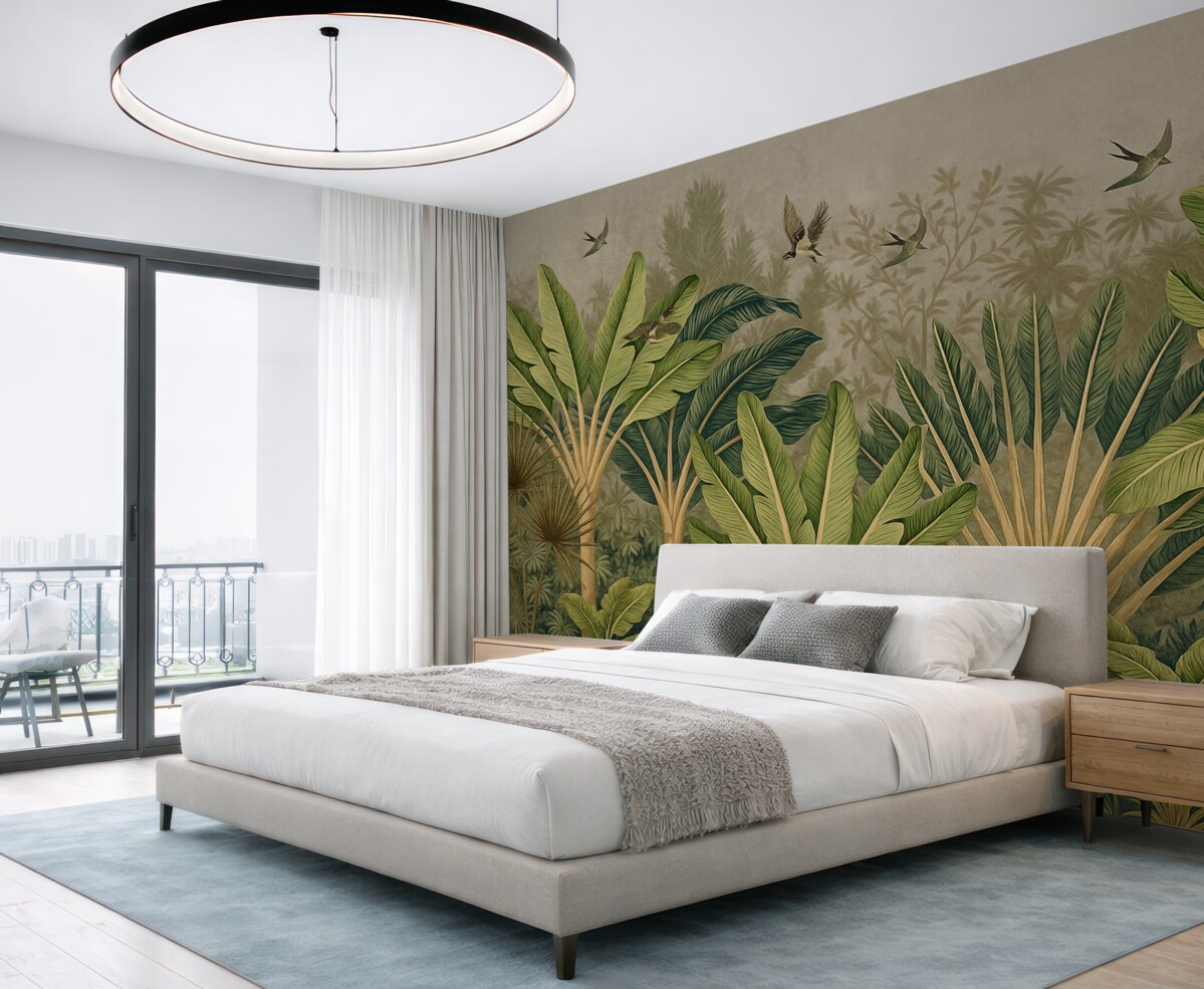 Fototapeta Tropikalna dżungla z ogromnymi liśćmi, palmami oraz barwnymi liśćmi na wyróżniającym się tle.