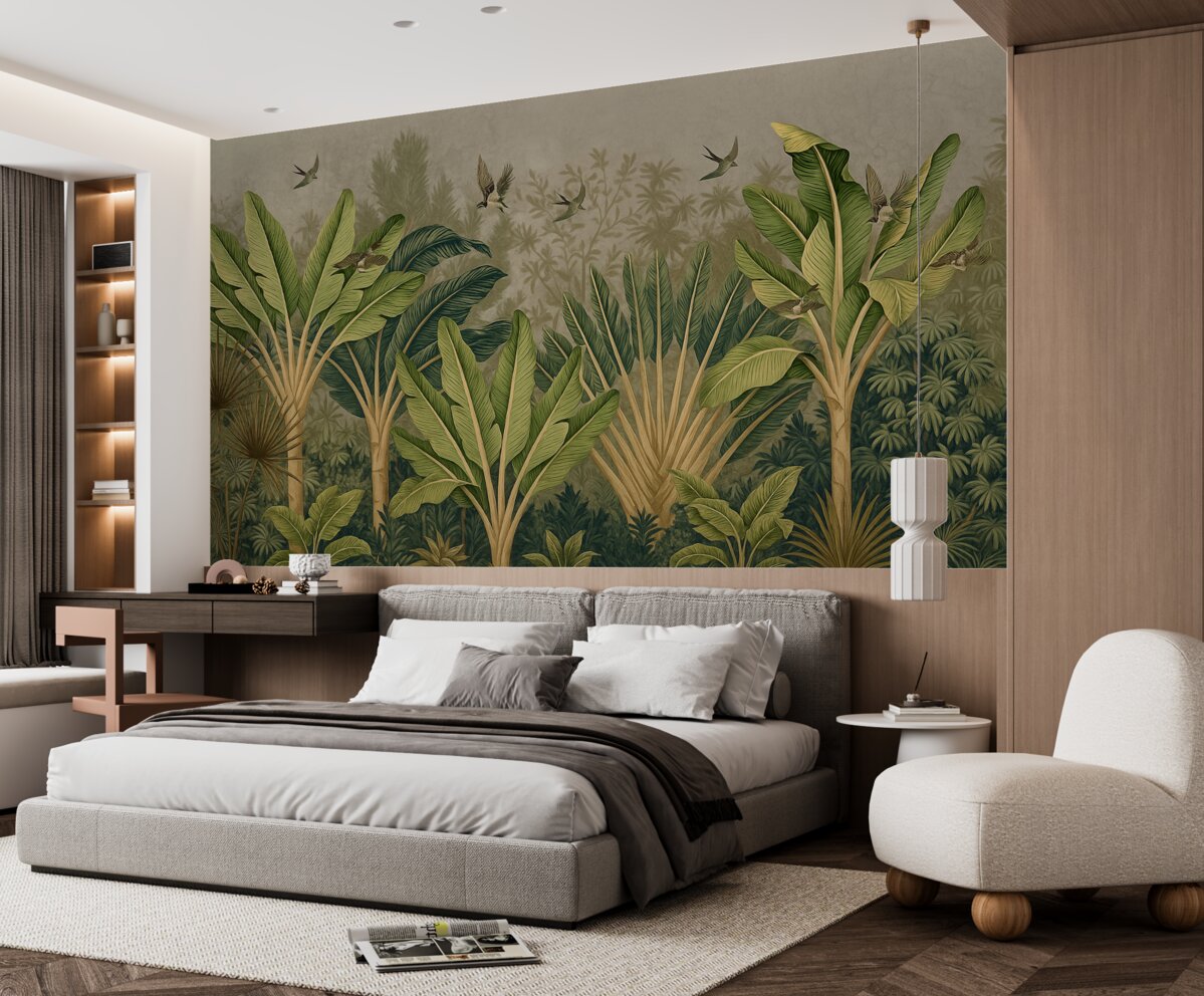 Fototapeta Tropikalna dżungla z ogromnymi liśćmi, palmami oraz barwnymi liśćmi na wyróżniającym się tle.